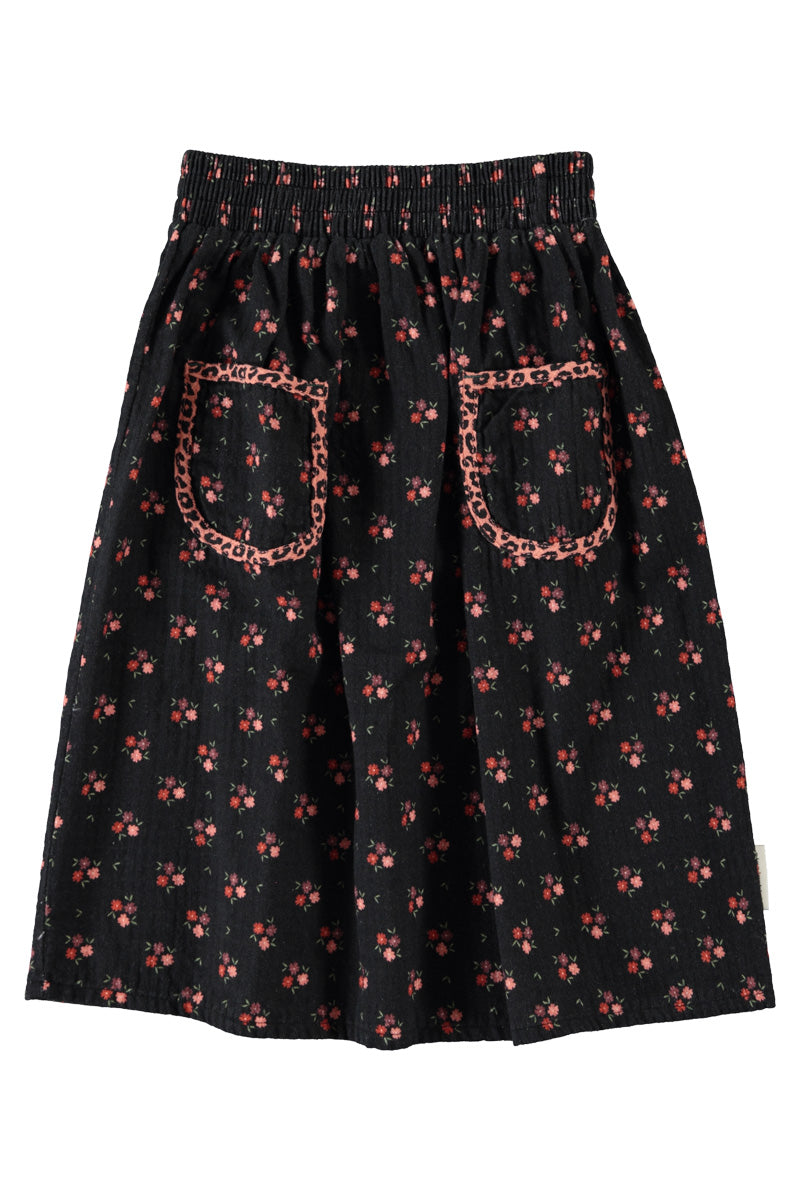 Piupiuchick AW26 - Schwarze Kinder Lang Rock - 100% Baumwolle - Roten Blumen mit Taschen