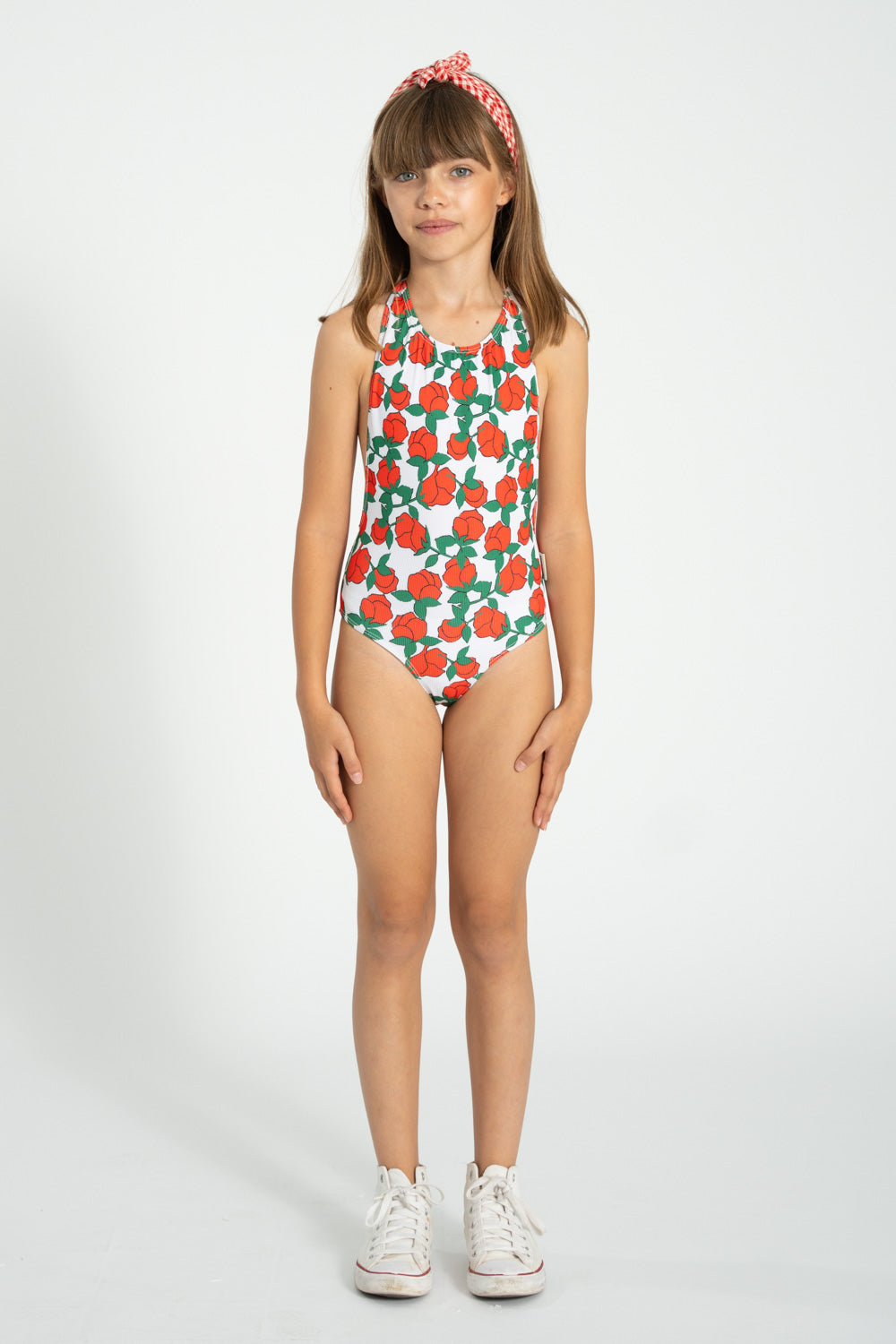 Piupiuchick SS26 - Kinder Badeanzug mit Schleife - Weiß mit roten Rosen