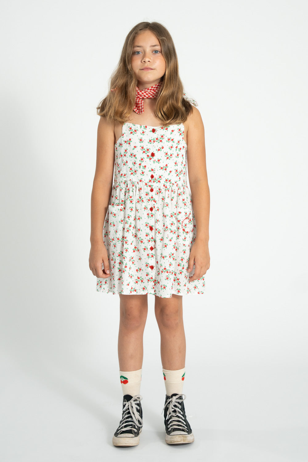 Piupiuchick SS26 - Kinder Kleid - Bio-Baumwolle - Weiß mit rote Blumen