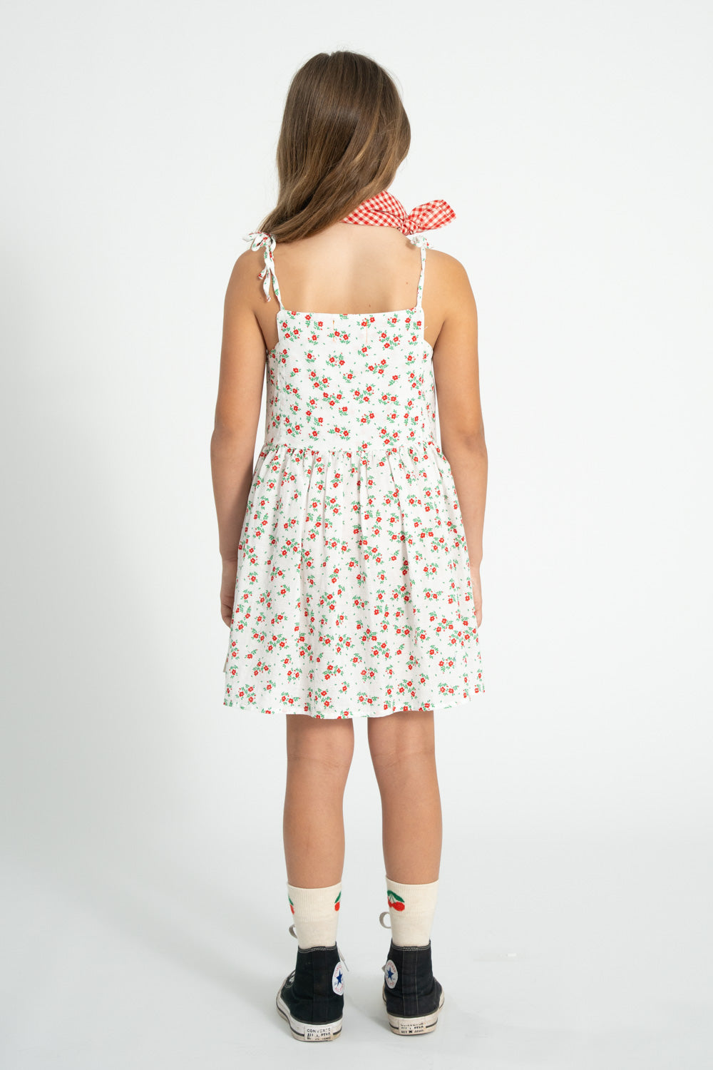 Piupiuchick SS26 - Kinder Kleid - Bio-Baumwolle - Weiß mit rote Blumen