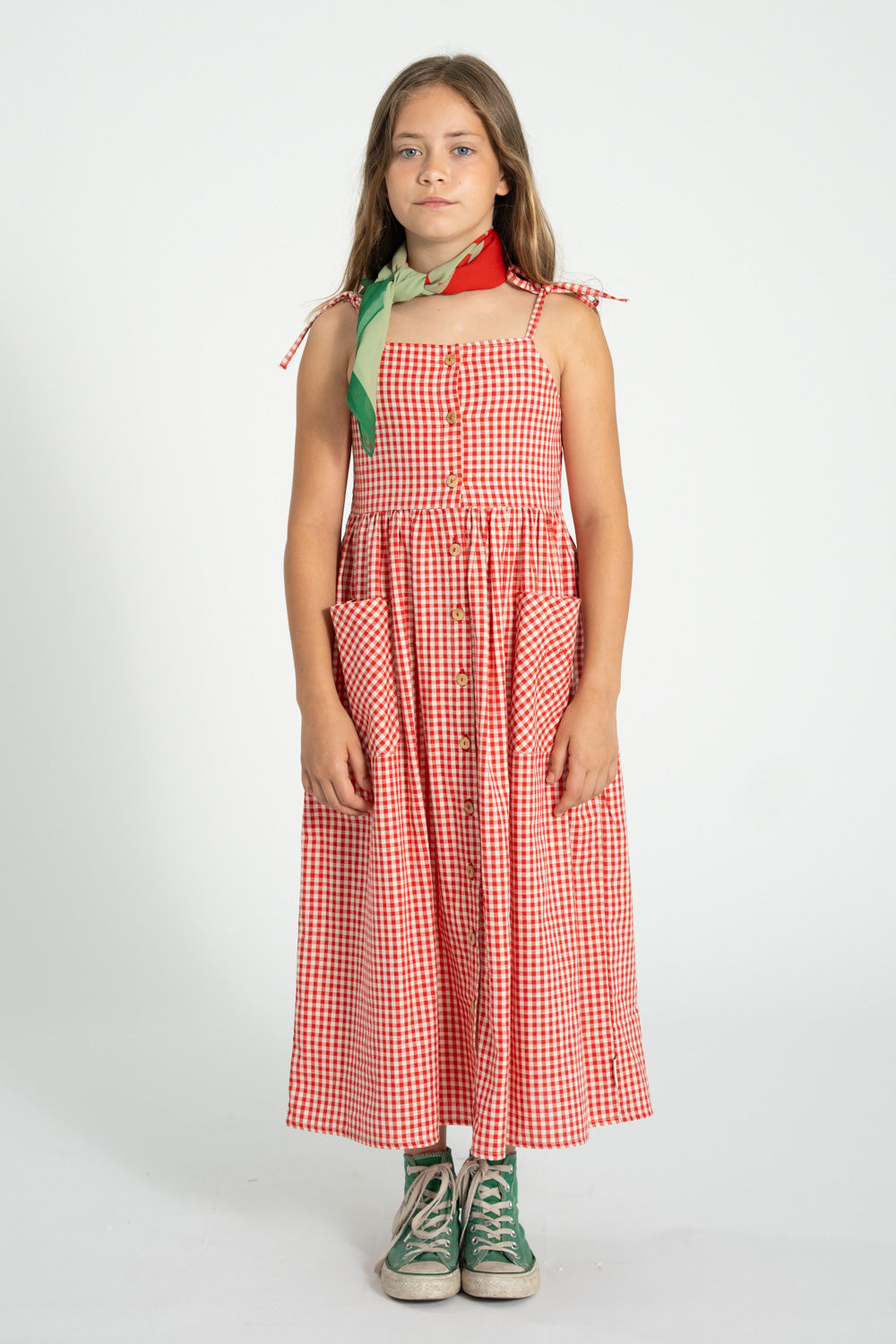 Piupiuchick SS26 - Langes Kinderkleid - Bio-Baumwolle - Rot Weiß Kariert