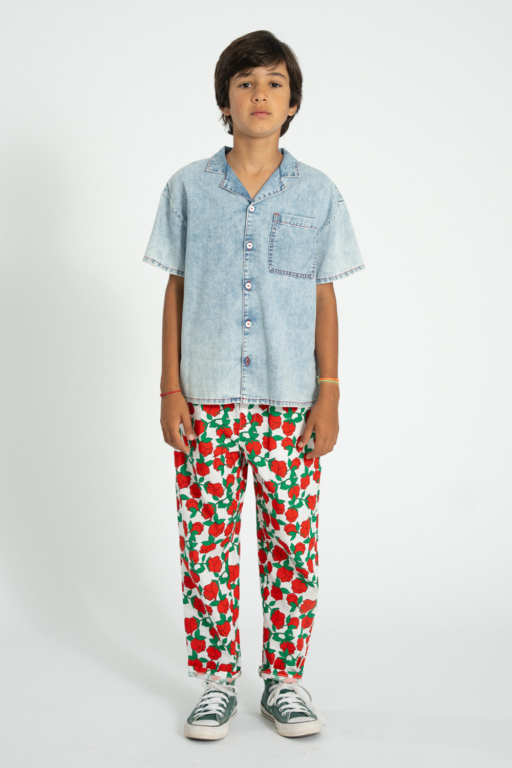 Piupiuchick SS26 - Kinder Hose - Baumwolle - Weiß mit roten Rosen