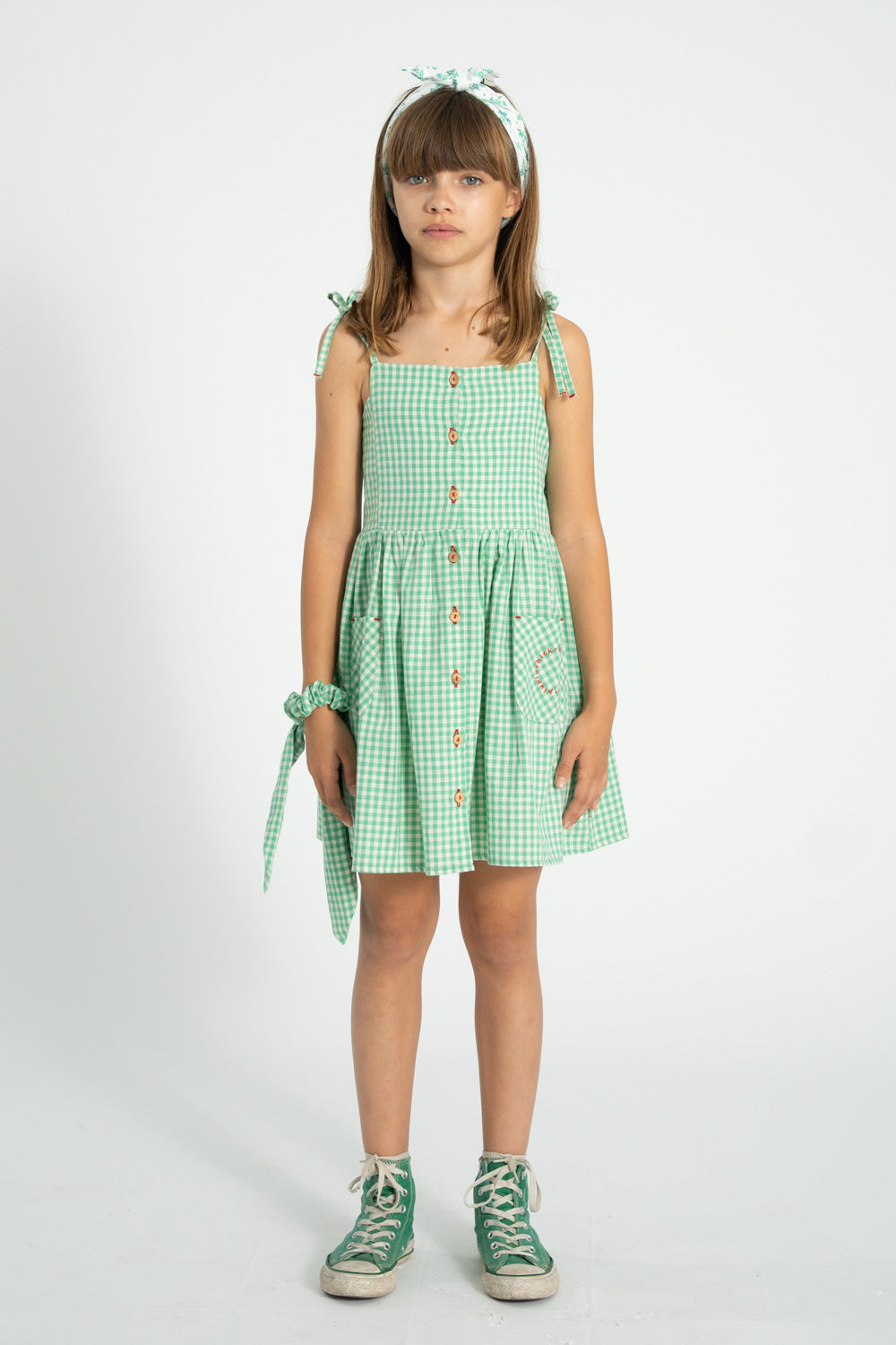 Piupiuchick SS26 - Kinderkleid - Bio-Baumwolle - Grün & Weiß Kariert