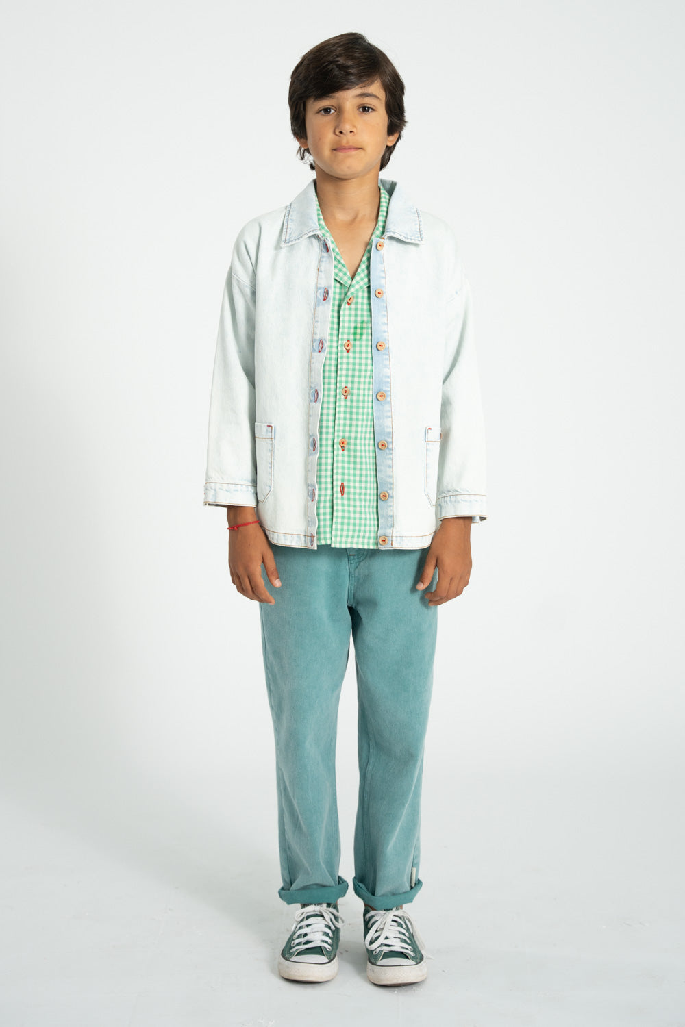 Piupiuchick SS26 - Kinder Hawaii Hemd - Bio-Baumwolle - Grün & Weiß Kariert