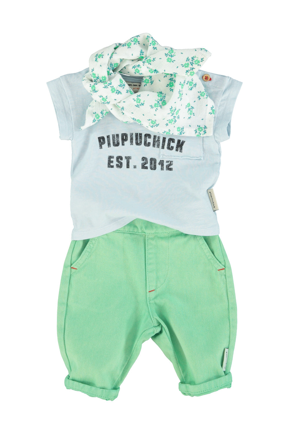 Piupiuchick SS26 - Kinder Halstuch - Bio-Baumwolle - Weiß mit grünen Blumen