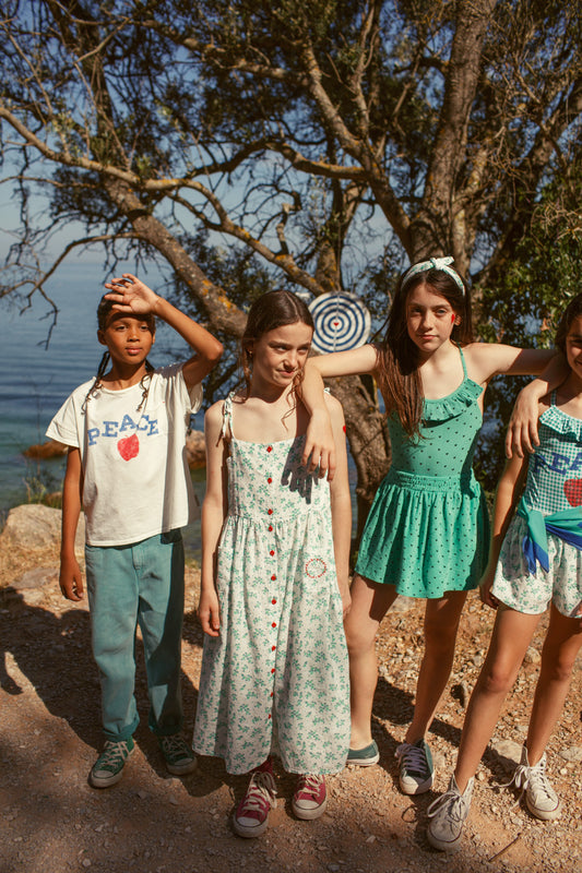 Piupiuchick SS26 - Langes Kleid für Kinder - Bio-Baumwolle - Weiß mit grünen Blumen