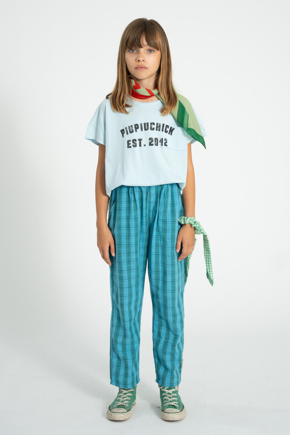 Piupiuchick SS26 - Kinderhose - Bio-Baumwolle - Blau Grün Kariert