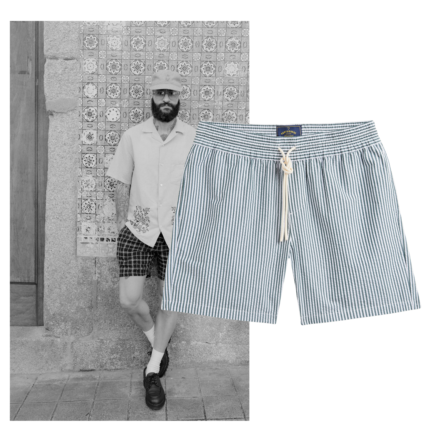 Portuguese Flannel - Herren Shorts - 100% Baumwolle Seersucker - Grün Weiß Gestreift