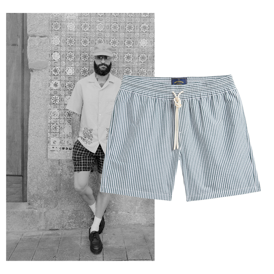 Portuguese Flannel - Herren Shorts - 100% Baumwolle Seersucker - Grün Weiß Gestreift