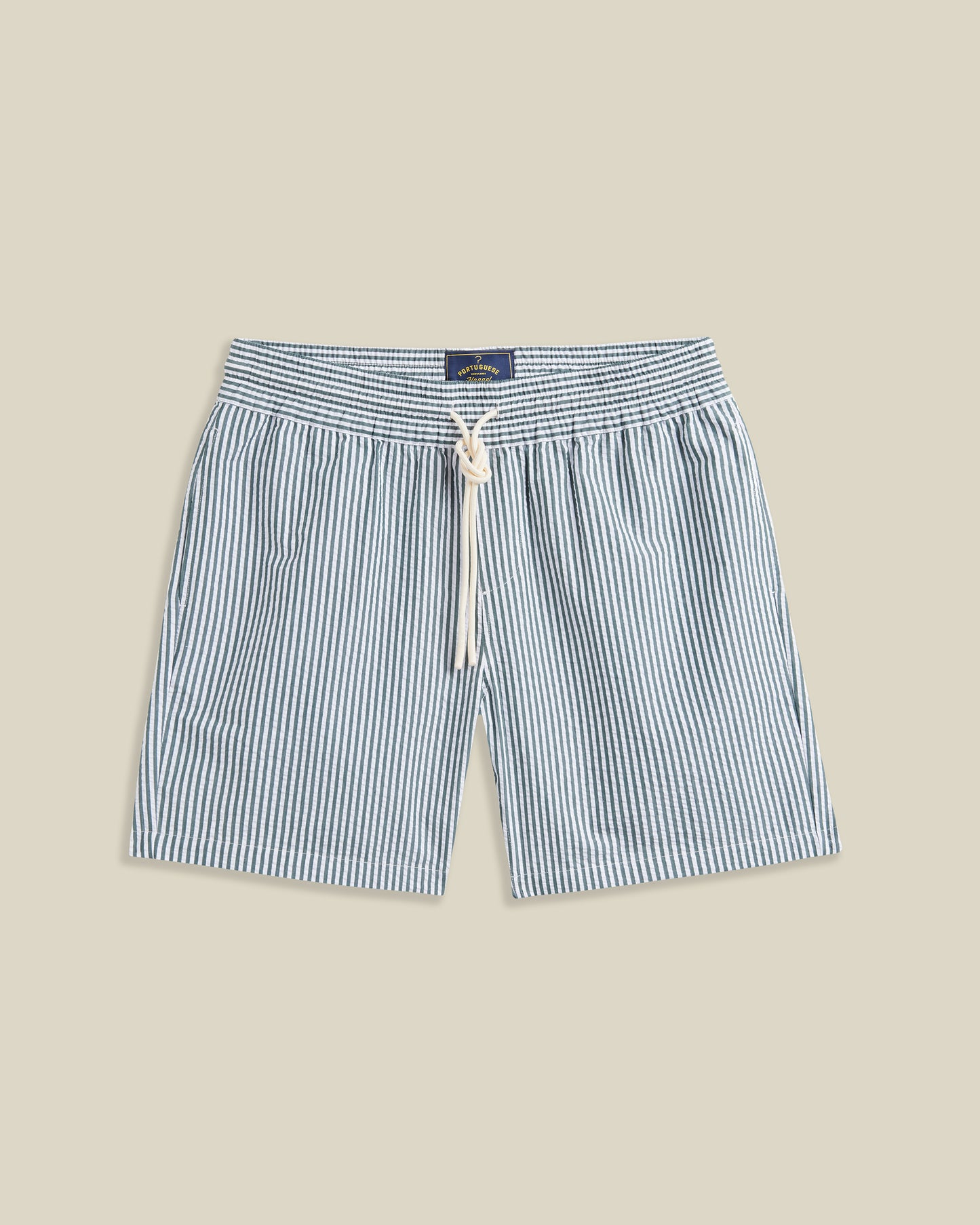 Portuguese Flannel - Herren Shorts - 100% Baumwolle Seersucker - Grün Weiß Gestreift