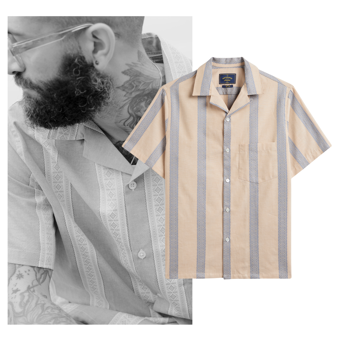 Portuguese Flannel - Kurzarmhemd Herren - 100% Baumwolle - Beige Blau Gestreift