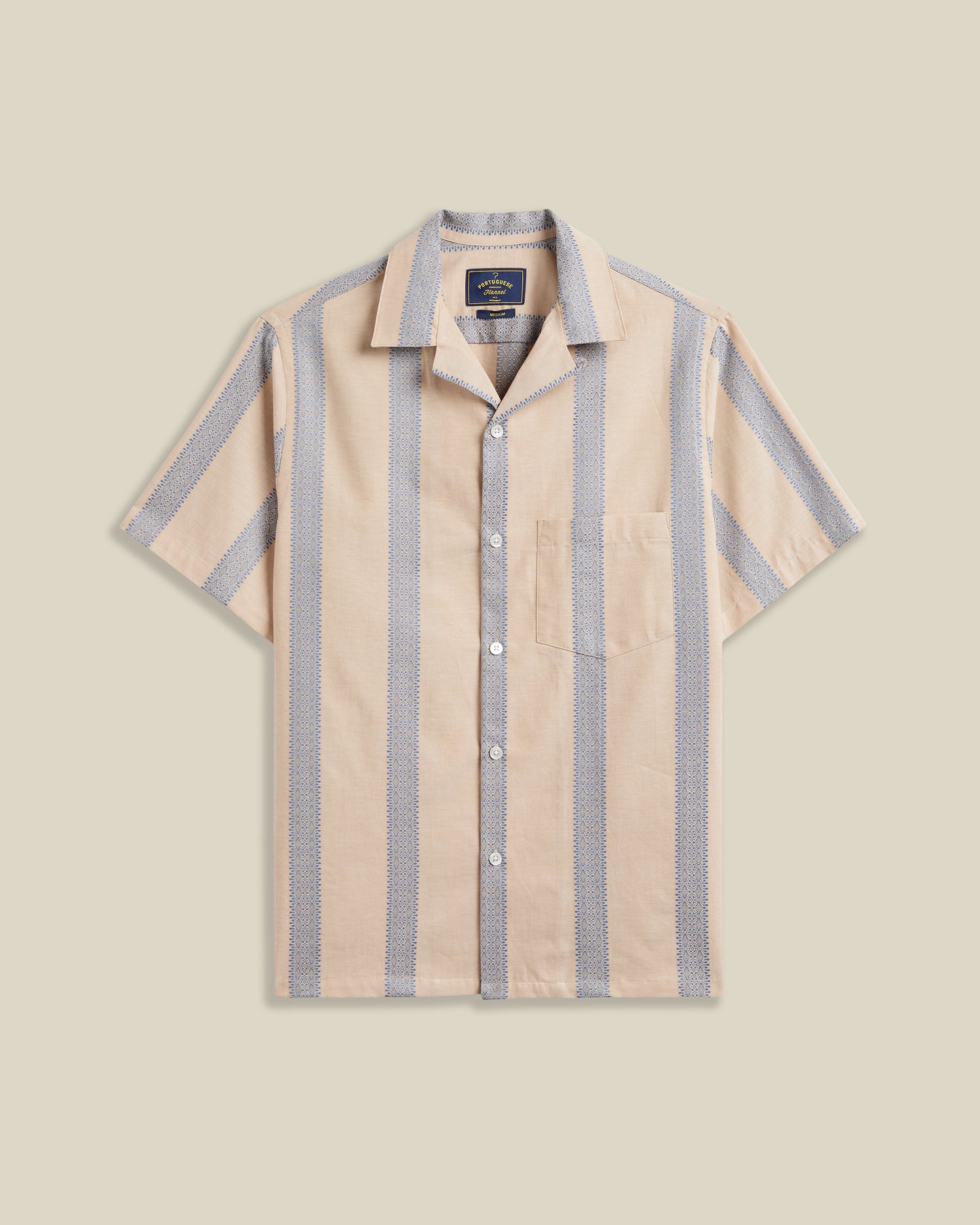 Portuguese Flannel - Kurzarmhemd Herren - 100% Baumwolle - Beige Blau Gestreift