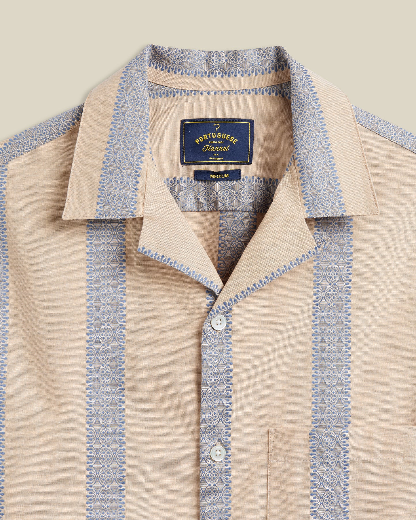Portuguese Flannel - Kurzarmhemd Herren - 100% Baumwolle - Beige Blau Gestreift