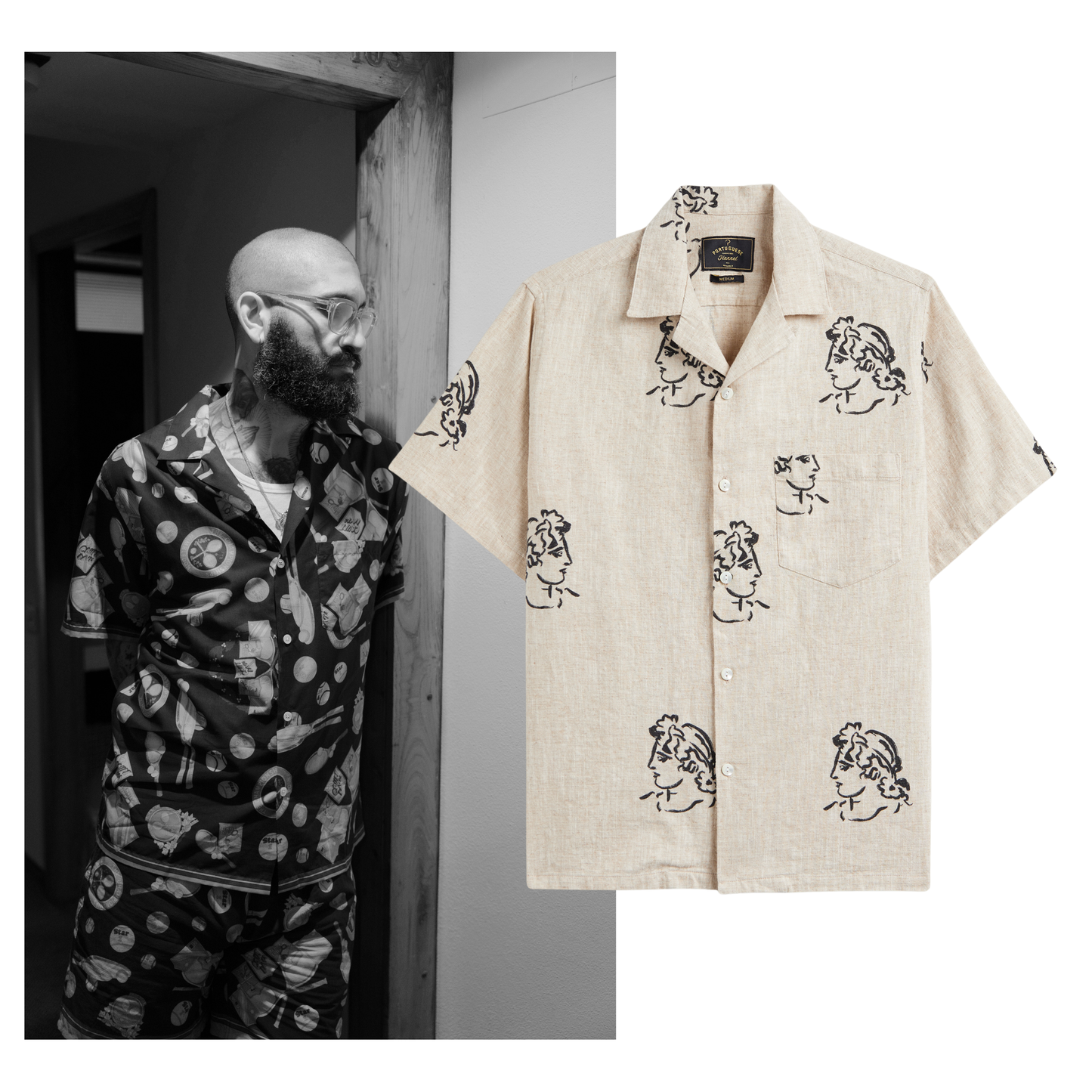 Portuguese Flannel - Kurzarmhemd Herren - Baumwolle - Beige mit Schwarzem Muster