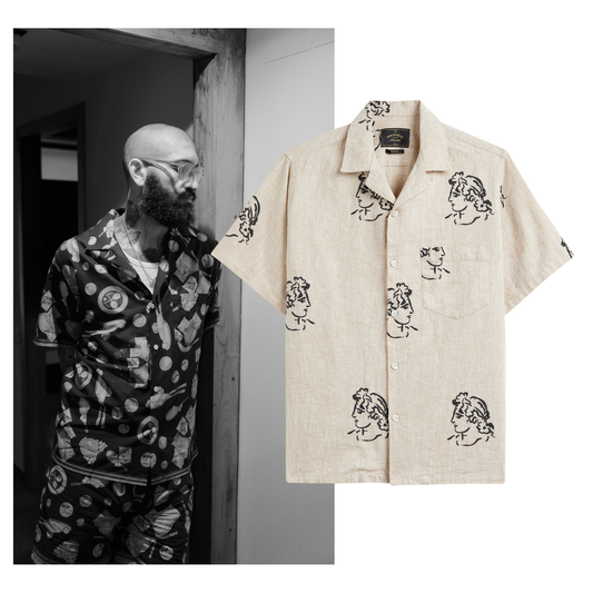 Portuguese Flannel - Kurzarmhemd Herren - Baumwolle - Beige mit Schwarzem Muster