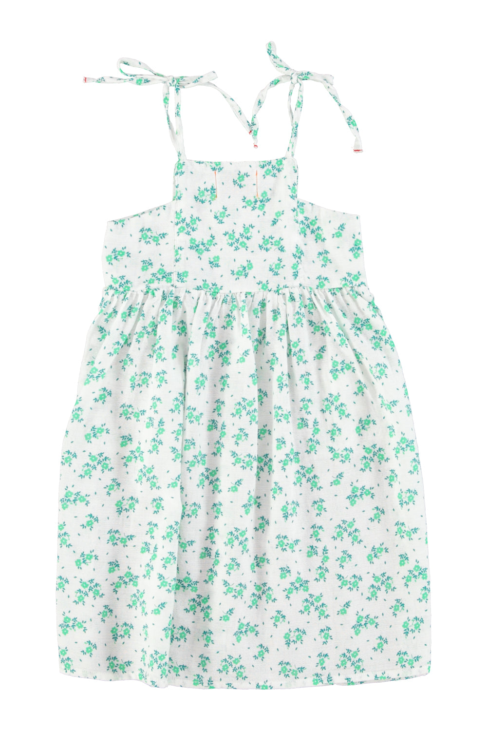 Piupiuchick SS26 - Langes Kleid für Kinder - Bio-Baumwolle - Weiß mit grünen Blumen